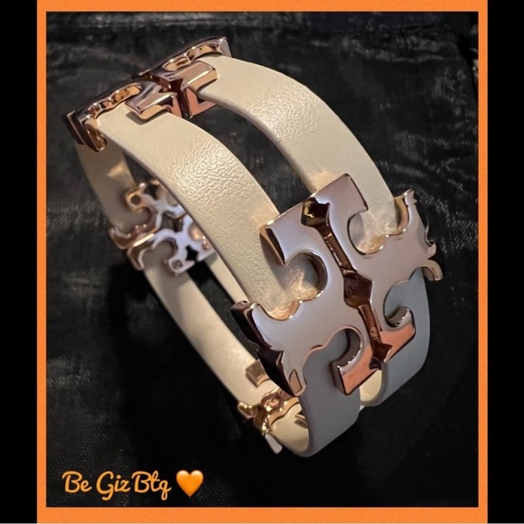 Tory Burch Authentic Serif T Stacked Leather Sand Rose Gold Wrap Bracelet - Picture 6 of 9